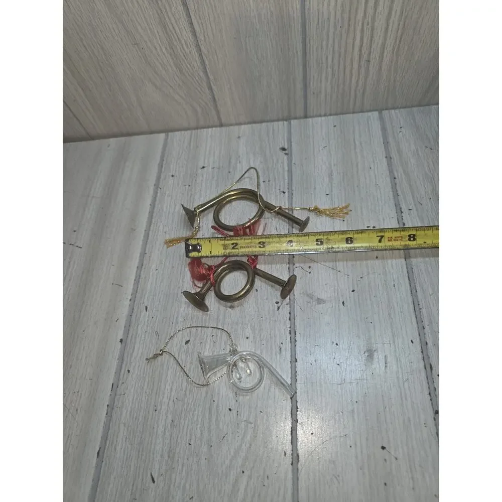 Vtg Miniature Decorative Brass French Horns 2 Brass 1 Glass Christmas Ornaments